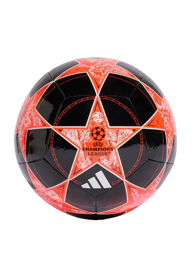 Pallone da calcio Adidas nero e arancione con design a stella, grafiche dettagliate e logo della UEFA Champions League. Materiale liscio e lucido.