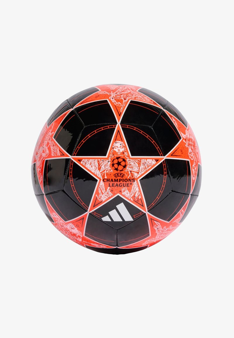 Pallone da calcio Adidas nero e arancione con design a stella, grafiche dettagliate e logo della UEFA Champions League. Materiale liscio e lucido.