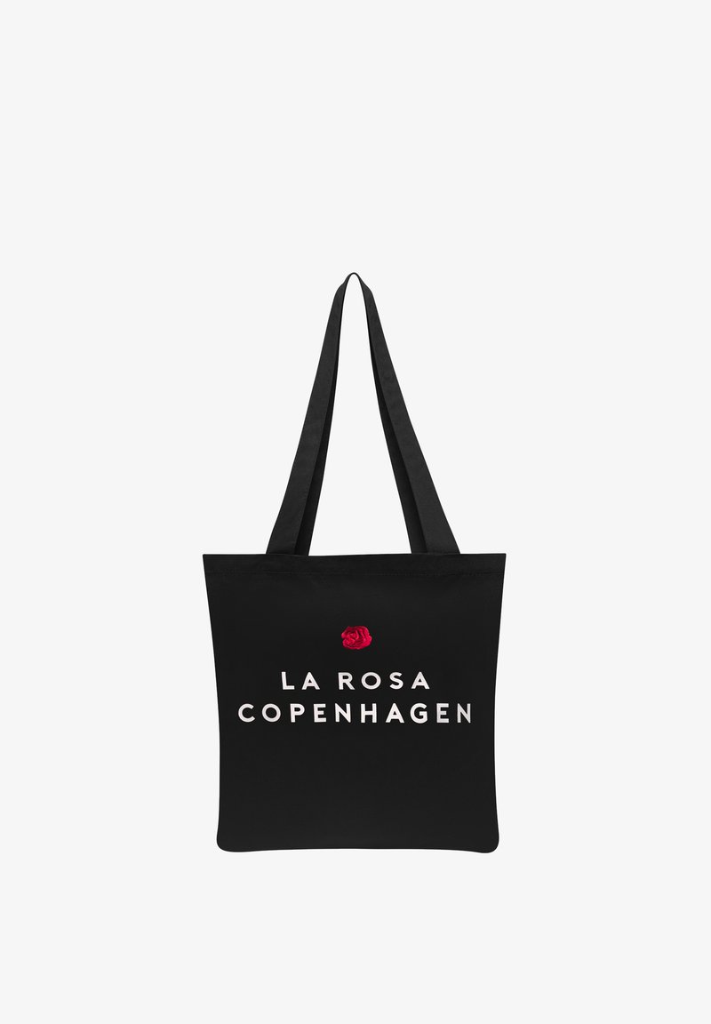 Borsa a tracolla nera con due manici, con testo bianco che recita "LA ROSA COPENHAGHEN" e una grafica di una rosa rossa sopra il testo.
