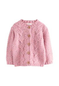 Cardigan rosa lavorato a maglia con motivo a trecce, scollo rotondo e cinque bottoni in legno sul davanti. Testurizzato con dettagli screziati su tutta la superficie.