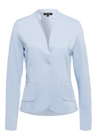 Lichtblauwe blazer van gladde stof, met een kraagloos ontwerp, enkele knoopsluiting en twee voorste patchzakken.