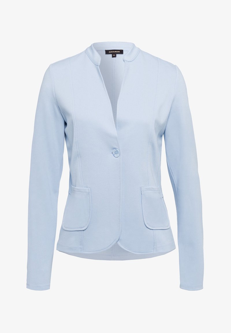Lichtblauwe blazer van gladde stof, met een kraagloos ontwerp, enkele knoopsluiting en twee voorste patchzakken.