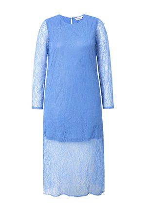 Blauwe kant jurk met lange mouwen, ronde halslijn en een keyhole rug. Transparante kant overlay met een solide onderlaag, knielange ontwerp.