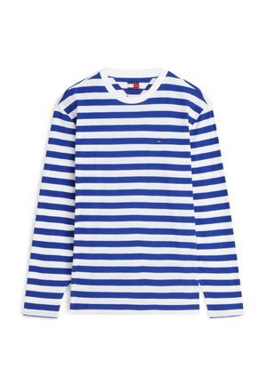 Camicia a maniche lunghe con righe orizzontali blu e bianche, collo rotondo e piccolo logo ricamato sul petto a sinistra.