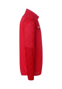 Rote Sportjacke mit hohem Kragen, strukturierten Ärmeln und einer Reißverschlusstasche. Glattes Material, mittellanges Design für aktive Freizeitgestaltung.