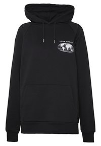 Black hoodie with a kangaroo pocket, adjustable drawstring hood, and white globe graphic with "LOVE NATION" text on the front.
