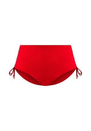 Parte inferior de bikini roja de talle alto con lazos laterales, con una textura suave y líneas limpias. Adecuada para natación o para llevar en la playa.