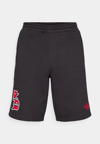 Černé sportovní šortky s elastickým pasem, červené logo Adidas na pravé noze a grafika "FC Bayern Mnichov" na levé noze.