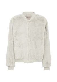 Faux fur bomberjack in lichtgrijs, met een rits aan de voorkant, geribde manchetten en een zachte, gestructureerde afwerking. Klassieke bomber-silhouet.