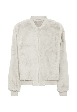 Faux fur bomberjack in lichtgrijs, met een rits aan de voorkant, geribde manchetten en een zachte, gestructureerde afwerking. Klassieke bomber-silhouet.