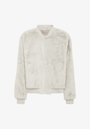 Faux fur bomberjack in lichtgrijs, met een rits aan de voorkant, geribde manchetten en een zachte, gestructureerde afwerking. Klassieke bomber-silhouet.