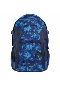 Navy blue backpack with a floral pattern in light blue, featuring adjustable straps, a round logo badge, and multiple zippered compartments.