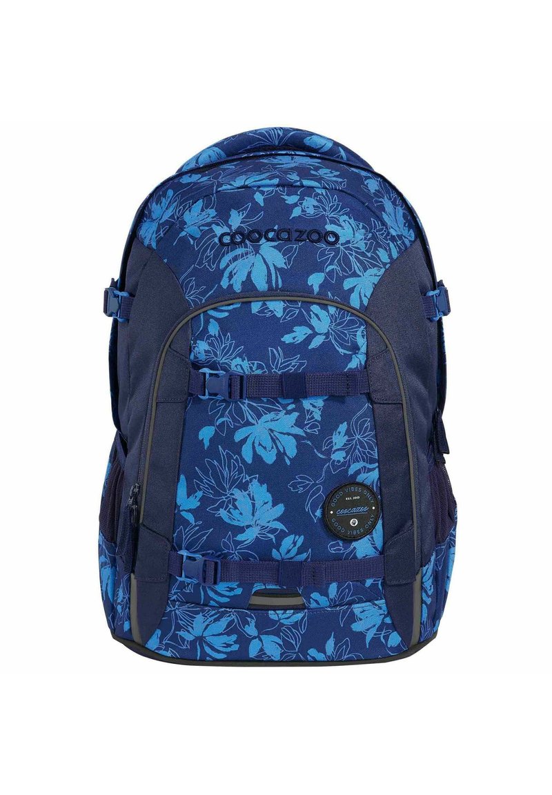 Navy blue backpack with a floral pattern in light blue, featuring adjustable straps, a round logo badge, and multiple zippered compartments.