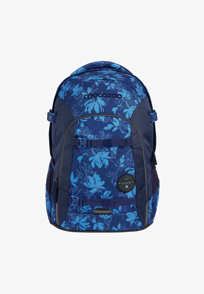 Navy blue backpack with a floral pattern in light blue, featuring adjustable straps, a round logo badge, and multiple zippered compartments.