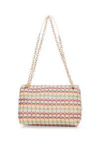 Woven handbag with multicolored zigzag pattern in pink, orange, and green; features a gold chain strap and structured rectangular shape.