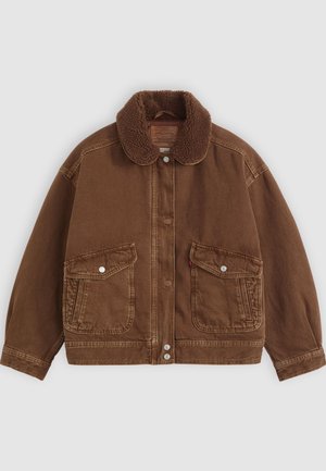 Brown denim jacket with sherpa collar, button front, and two large flap pockets with buttons on a plain background.