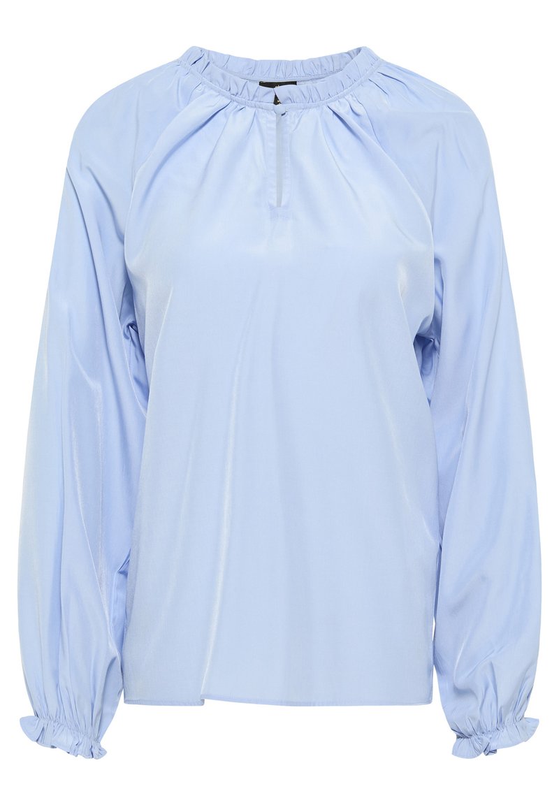 Hellbluse aus glattem Stoff mit einem runden Ausschnitt mit Raffung, langen Puffärmel mit elastischen Bündchen und einer partiellen Öffnung auf der Vorderseite.