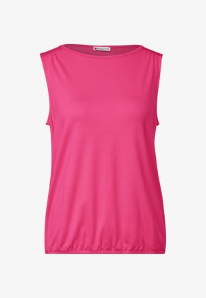 Bez rękawów top w jasnoróżowym kolorze, z okrągłym dekoltem i marszczonym dołem. Wykonany z miękkiego, rozciągliwego materiału dla komfortu. Metka: StreetOne.