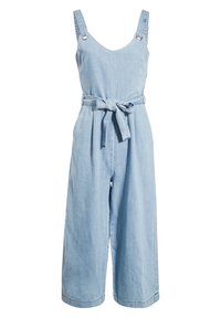 Light blue denim jumpsuit with wide legs, adjustable straps, and a belted waist. Features a rounded neckline and smooth texture.