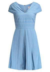 Light blue dress featuring a v-neckline, cap sleeves, and white vertical stripes. A zipper closure at the back complements the flared skirt design.