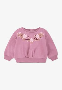 Sudadera rosa claro con bordado floral en tonos suaves de rosa y verde, con un corte holgado y puños y dobladillo de canalé.