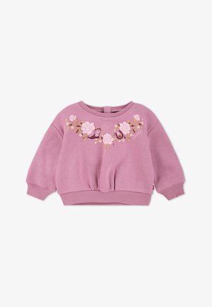 Lys rosa sweatshirt med blomsterbroderi i myke rosa og grønne farger, med en avslappet passform og ribbestrikkede mansjetter og hem.