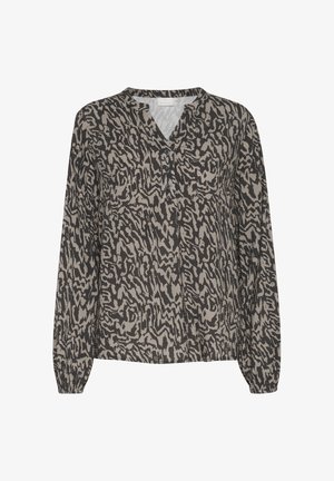 Halenka s dlouhým rukávem v béžovém a černém zvířecím vzoru, se lodičkovým výstřihem, knoflíkovými detaily a volným střihem. Měkká, texturovaná tkanina.