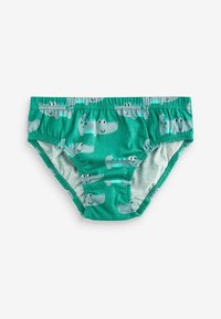 Culotte en coton vert ornée d'un motif ludique d'hippopotames avec des hippopotames gris clair et des visages souriants, une taille élastique douce et un ajustement confortable.