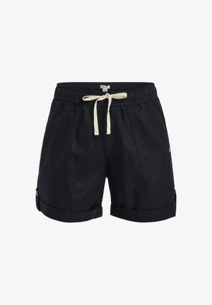 Zwarte gehaakte stof shorts met een gestructureerde afwerking, elastische tailleband, crèmekleurige trekkoord en opgerolde mouwen. Voorzien van zijzakken en logo-detail.