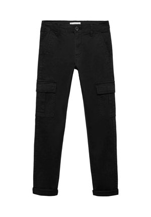 Pantalon cargo noir slim fit avec fermeture à boutons, poches cargo latérales, poches avant inclinées, passants de ceinture et revers roulés.