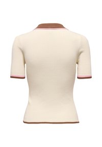 Haut crème à manches courtes côtelé avec col marron, bordure marron et rose sur les manches et l'ourlet, vu de dos.