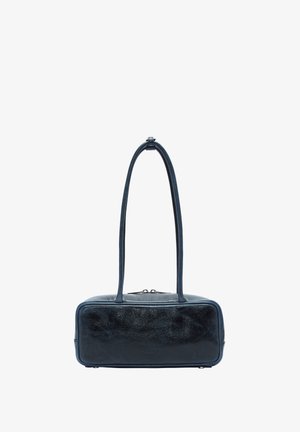 Small rectangular black leather handbag with long handles and a zipper closure, shown against a white background.