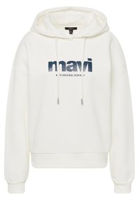 Sweat à capuche blanc avec logo "mavi" bleu marine et texte "Original Denim 01", doté d'une poche kangourou à l'avant et d'une capuche avec cordon de serrage.