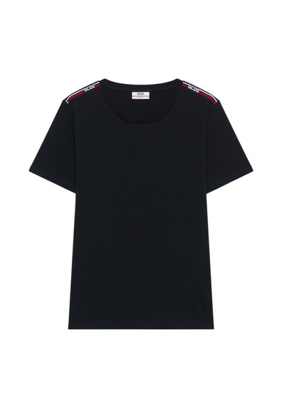 T-shirt nera a maniche corte con scollo rotondo e strisce del logo GCDS rosse, bianche e nere su entrambe le spalle.