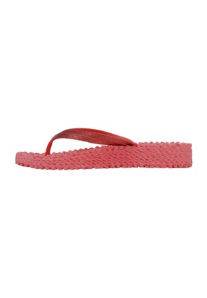 Red textured sole flip-flop with a slightly elevated heel and glossy red thong straps against a white background.