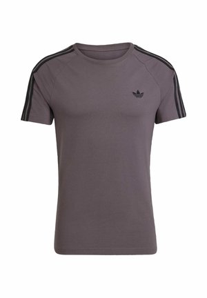 Ciemnoszary T-shirt z krótkim rękawem, wykonany z miękkiego materiału, z trzema czarnymi paskami na ramionach i małym czarnym logo na klatce piersiowej.