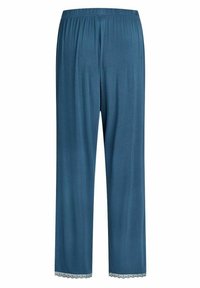 Siniset pyjama-housut, jotka on valmistettu pehmeästä kankaasta. Housuissa on joustava vyötärö ja pitsiyksityiskohtia helmassa, mikä antaa hienostuneen ilmeen.