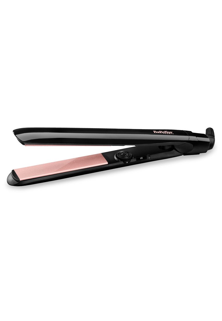 Piastra per capelli nera con piastre in ceramica rosa, manopola di temperatura regolabile e design elegante con bordi arrotondati.