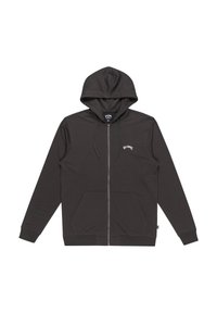 Mørkegrå lynlås-hoodie lavet af blødt stof, med en kængurulomme, justerbar snøre i hætten og logo på brystet.