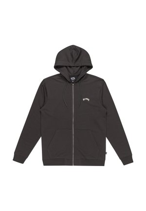 Dark gray zip-up hoodie made of soft fabric, featuring a kangaroo pocket, adjustable drawstring hood, and logo on the chest.