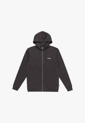 Tmavě šedá mikina na zip vyrobená z měkkého materiálu, se klokaní kapsou, nastavitelnou kapucí se šňůrkou a logem na hrudi.