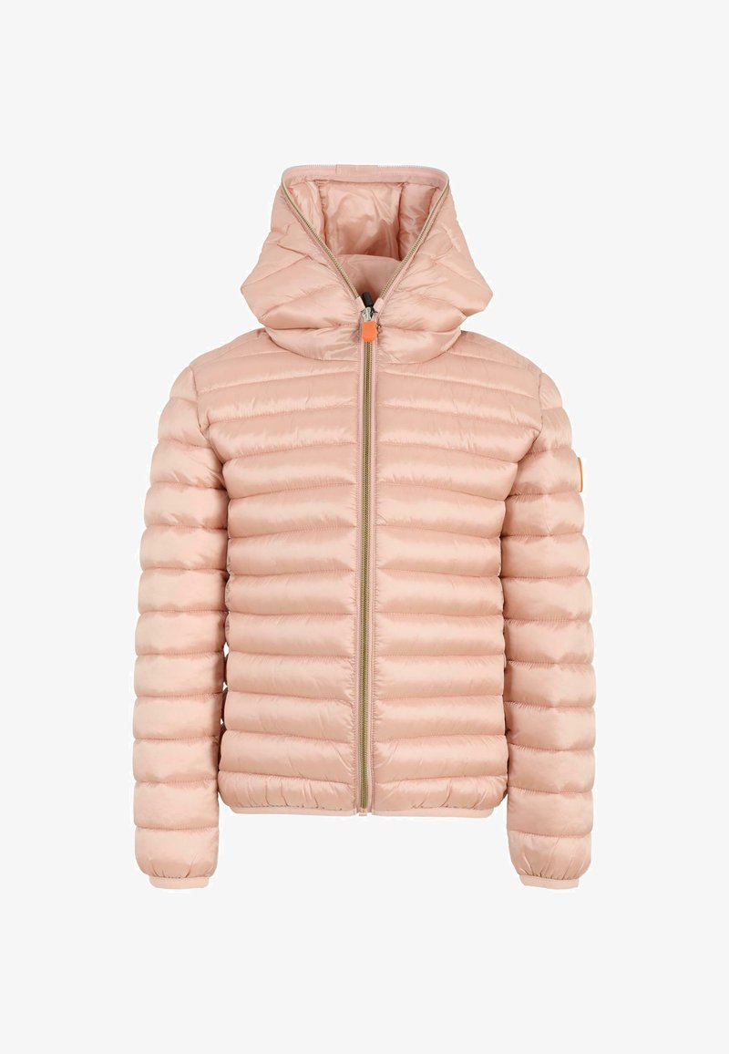 Giacca stile puffer di colore rosa chiaro con collo alto e cappuccio. Presenta un motivo a righe orizzontali, zip frontale e polsini elasticizzati.