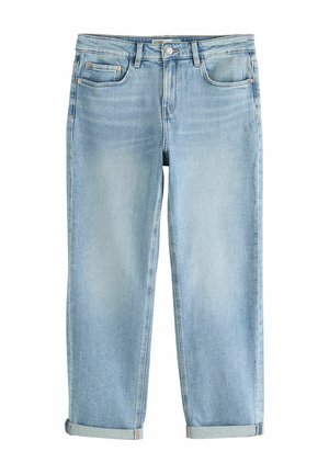 Light blue tapered jeans with rolled cuffs, front button and zipper, and five-pocket design.