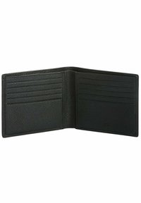 Portafoglio in pelle nera con finitura testurizzata, dotato di diversi scomparti per carte e design pieghevole. L'interno è elegante con accenti minimi.