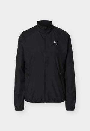 Black lightweight zip-up jacket with stand collar, elastic cuffs, two zippered side pockets, and a small white Odlo logo on the chest.