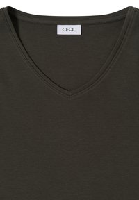 T-shirt a scollo a V verde oliva scuro di CECIL, caratterizzata da una texture morbida e da un design semplice senza motivi o accenti visibili.