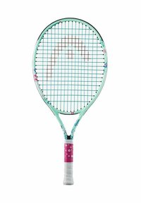 Tennis racket with a mint green frame, patterned accents, and a pink grip. Features a square-shaped head and blue strung pattern.