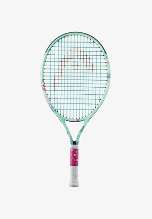 Tennis racket with a mint green frame, patterned accents, and a pink grip. Features a square-shaped head and blue strung pattern.