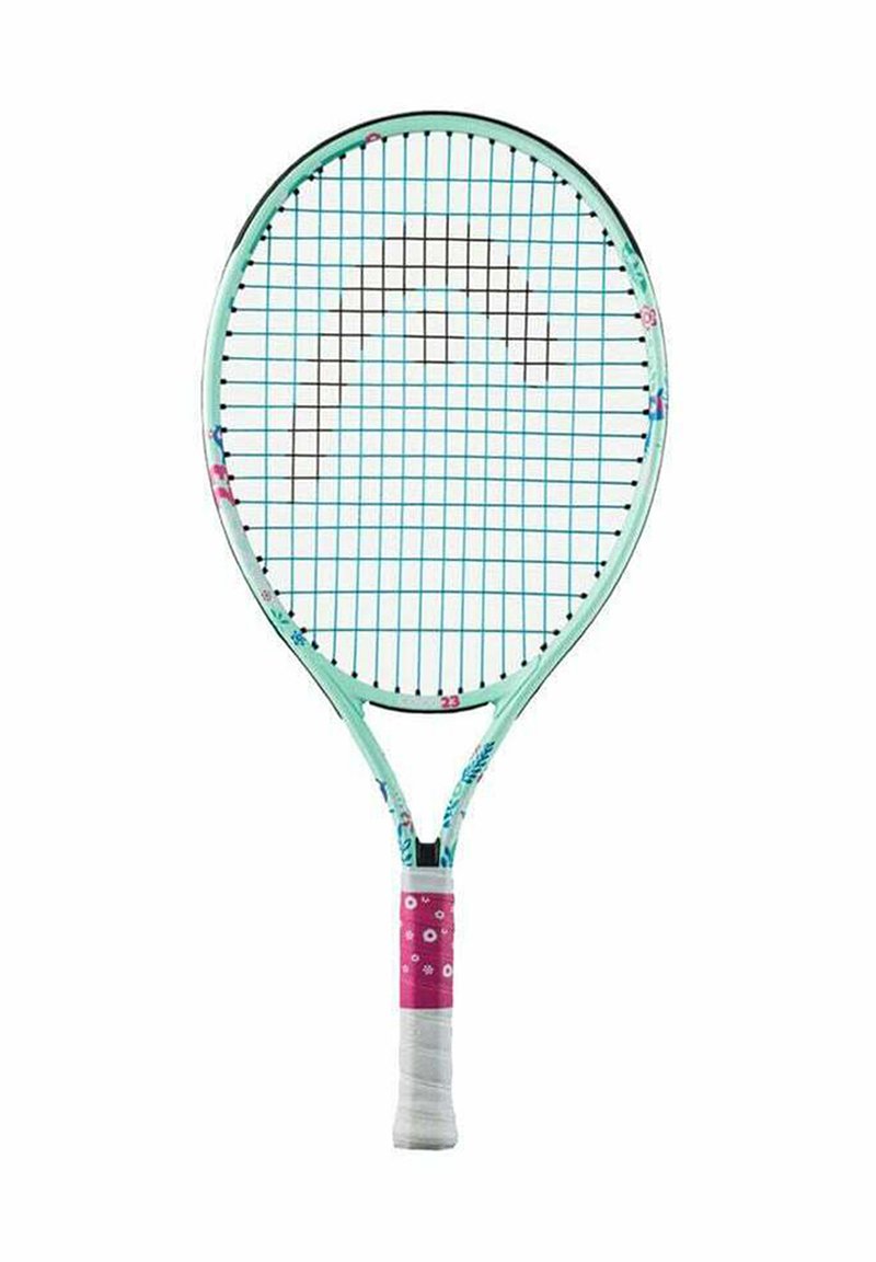 Tennis racket with a mint green frame, patterned accents, and a pink grip. Features a square-shaped head and blue strung pattern.