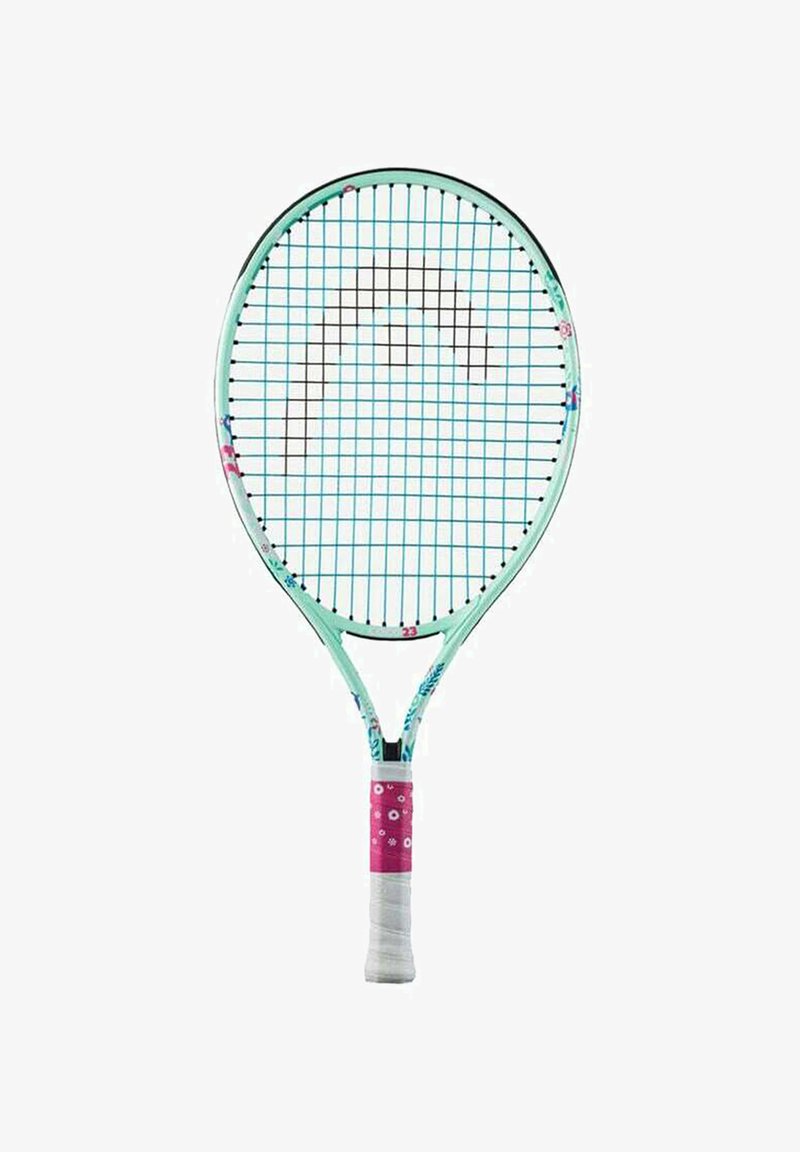 Tennisschläger mit einem mintgrünen Rahmen, gemusterten Akzenten und einem pinken Griff. Verfügt über einen quadratischen Schlägerkopf und ein blaues Besaitungsmuster.